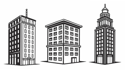 Fototapeta premium Three distinct black and white line art illustrations of classic urban buildings showcasing architectural styles and city skylines