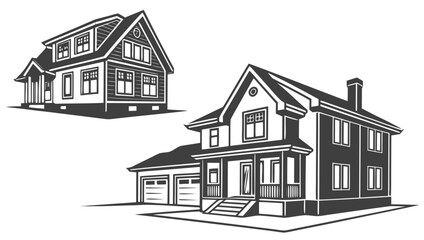 Fototapeta premium Two distinct architectural styles of residential houses presented in a clean graphic illustration with a white background