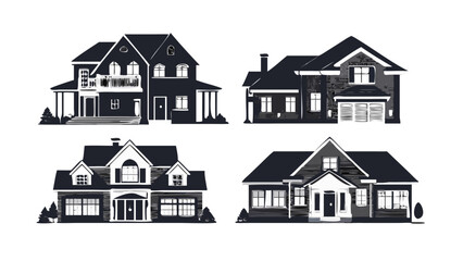 Collection of four diverse residential houses illustrated in a stylized dark gray and white palette against a black background