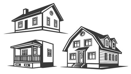 Collection of stylized architectural house illustrations in a minimalist black and white vector graphic style