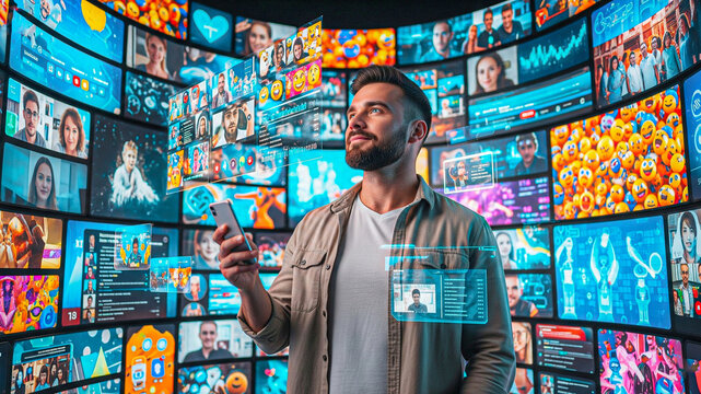 Man using smartphone amidst futuristic holographic social media interface; vibrant, hopeful mood. - Powered by Adobe