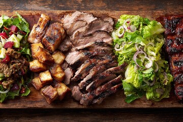 Delicious grilled meats served on a wooden platter alongside fresh salads with vibrant colors