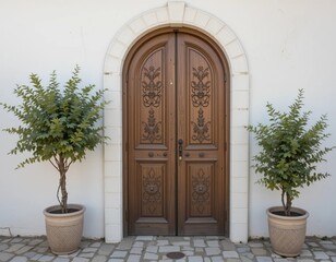 Elegant arched wooden double doors flanked by potted trees on a sunny day