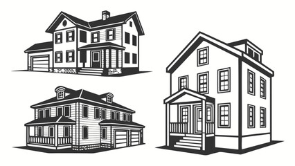 Fototapeta premium Collection of three distinct black and white vector illustrations of traditional american suburban houses with garages and porches