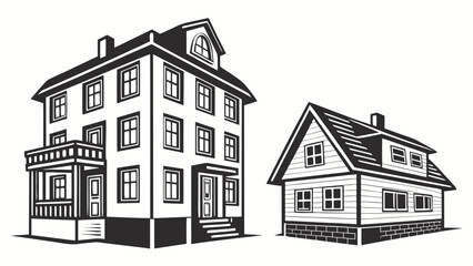 Stylized black and white illustration of a tall victorian house next to a smaller gable roof cottage