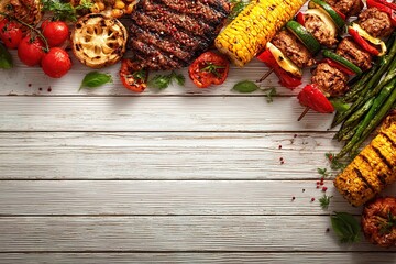 Grilled feast featuring assorted meats and vegetables on a wooden table ready for summer cookout