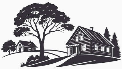 Stylized silhouette of two rustic wooden cabins nestled on rolling hills under a large tree