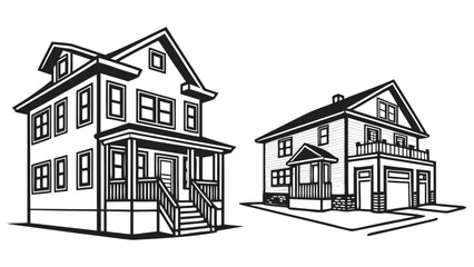 Two distinct residential houses with porches and garages are depicted in a clean black and white line art illustration style