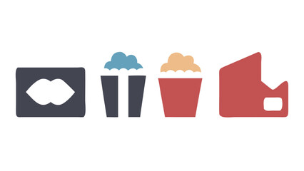 A minimalist flat design illustration featuring a stylized mouth two popcorn buckets and a movie ticket stub on a black background
