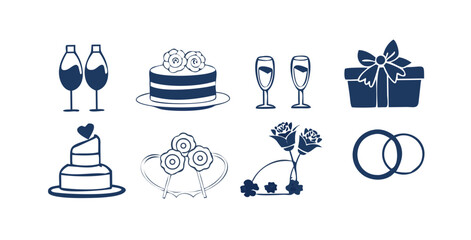 Collection of elegant wedding icons including champagne glasses cakes roses a gift box and wedding rings on a black background