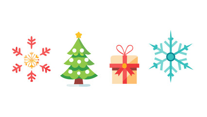 Festive christmas icons featuring snowflakes decorated tree and gift box on a black background