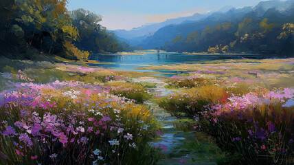 豊かな自然を背景にした花畑と森を油絵で表現した芸術的な風景イラスト。鮮やかな色彩と奥行きのある構図が調和し、広告や背景素材に最適な印象的な一枚。