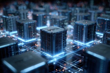 Futuristic cityscape of interconnected data servers glowing with blue light