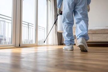Fototapeta premium Professional pest control technician treating an indoor space in a residential area during daylight hours