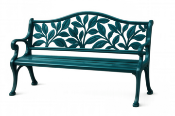 Metal park bench featuring ornate leaf-shaped backrest on a transparent background, perfect for design projects