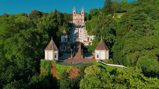 Aerial of Bom Jesus do Monte Sanctuary at sunset near Braga, Northern Portugal