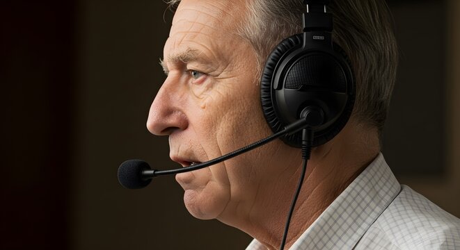 An older man in a headset is actively engaged in a conversation, close up on his face.
