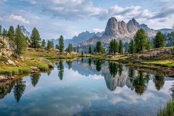 Majestic mountain landscape reflects in tranquil lake surrounded by lush greenery on a clear day