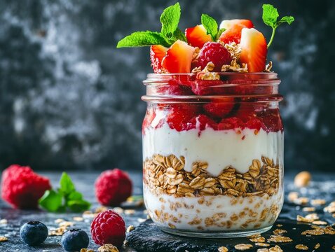 A glass jar filled with overnight oats, layered with yogurt and fruit