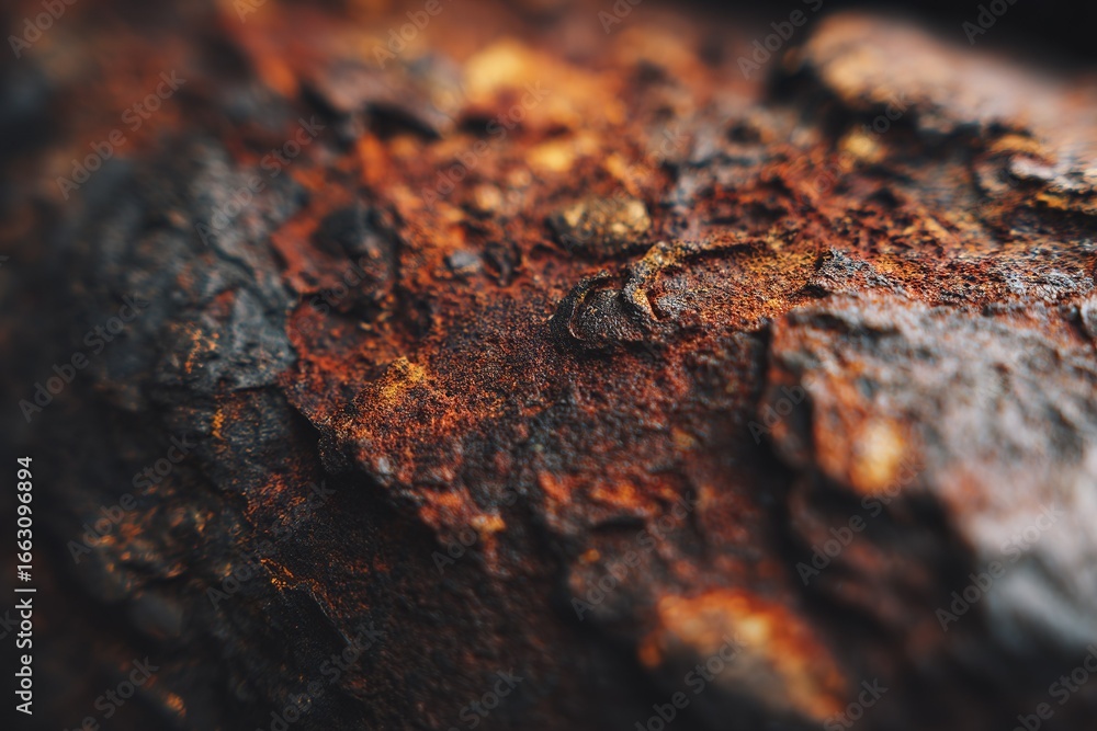 Poster close-up view of rusted metal surface displaying intricate textures and warm colors in natural light