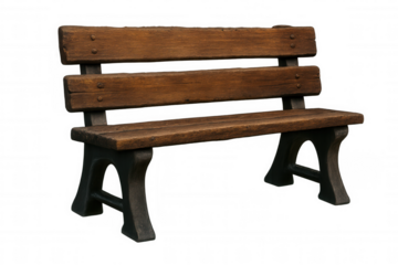 Weathered wooden park bench with sturdy metal legs, highlighting serene outdoor seating against transparent backdrop