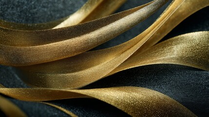 Close up abstract image of wavy parallel gold metallic ribbons on dark gray textured surface. Highlights and shadows emphasize curves, creating a luxurious, elegant, and dynamic modern design concept.
