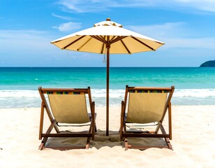 Tropical beach scene with chairs and umbrella