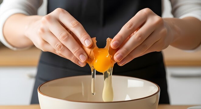 hands cracking fresh egg into bowl for baking