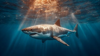 Fototapeta premium Great white shark underwater sunlight