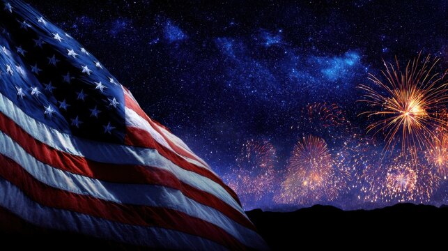 American flag with fireworks against night sky celebrating independence - Powered by Adobe