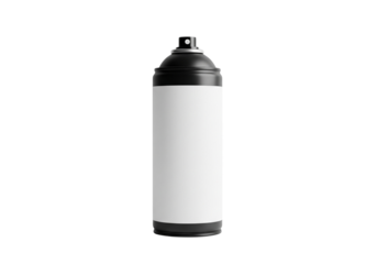 Black aerosol spray can with a blank white label for mockup template design, isolated on a transparent background, ideal for product branding and advertising