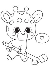 Coloring book giraffe playing ice hockey with stick.