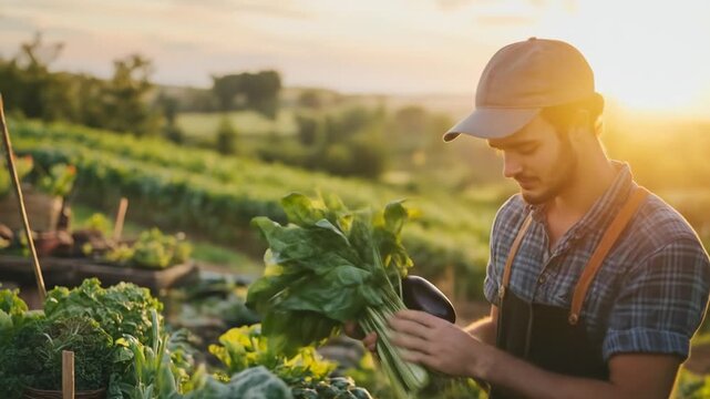 Young farmer harvests leafy greens and eggplant at sunset, showcasing farm-to-table freshness and sustainable agriculture