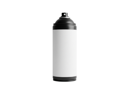 Black aerosol spray can with a blank white label for mockup template design, isolated on a transparent background, ideal for product branding and advertising