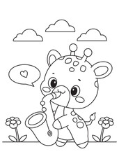 Coloring book giraffe playing saxophone.