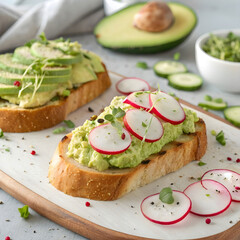 delicious avocado toast with radishes and cucumber
