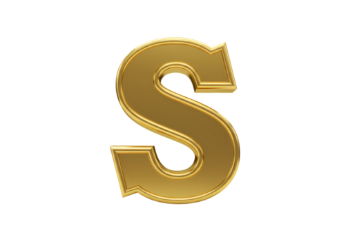Gold Letter S Decorative 3D Font on transparent background