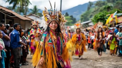 Young woman in vibrant feathered headdress dances, colorful traditional costume, parade setting, showcasing indigenous culture and festive celebration