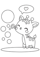 Coloring book giraffe blowing soap bubbles.