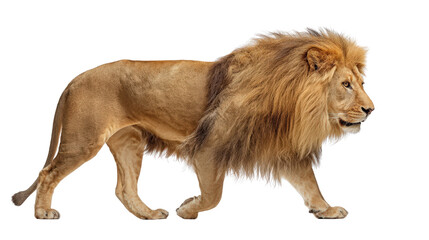 Obraz premium Lion in mid-step with tail swaying gracefully isolated on a Transparent background, PNG file.