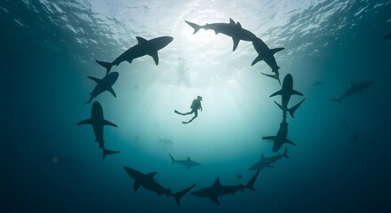 Diver and sharks circle underwater