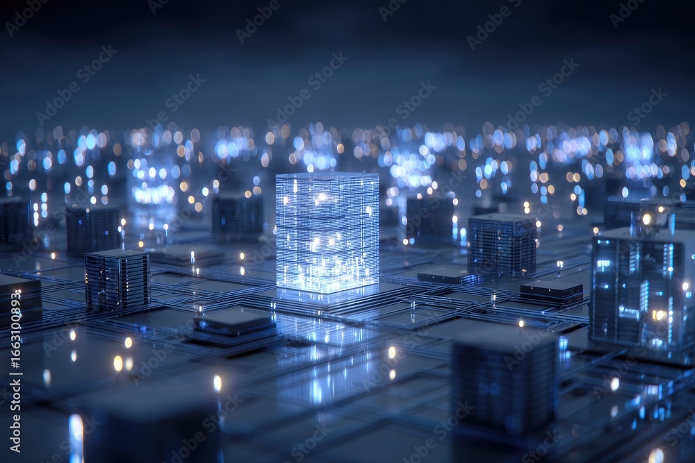 Poster futuristic cityscape of interconnected data cubes glowing in a network