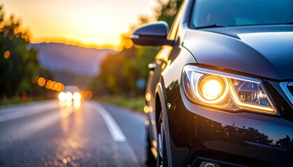 Modern Car Headlight and Chrome Grille Closeup with Sleek Front Automobile Design Ideal for Vehicle Marketing, Transport Concepts, and Advertising
