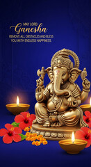 Golden ganesha statue with oil lamps and flowers isolated on white background isolated on...