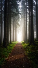 Fototapeta premium Foggy mysterious forest path with tall pine trees, cinematic atmospheric light