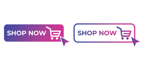 Shop now buttons. Set of shop now buttons with cart icon. Buy now button for online shop. Call for action buttons. Modern colorful buttons for website design. Vector illustration.