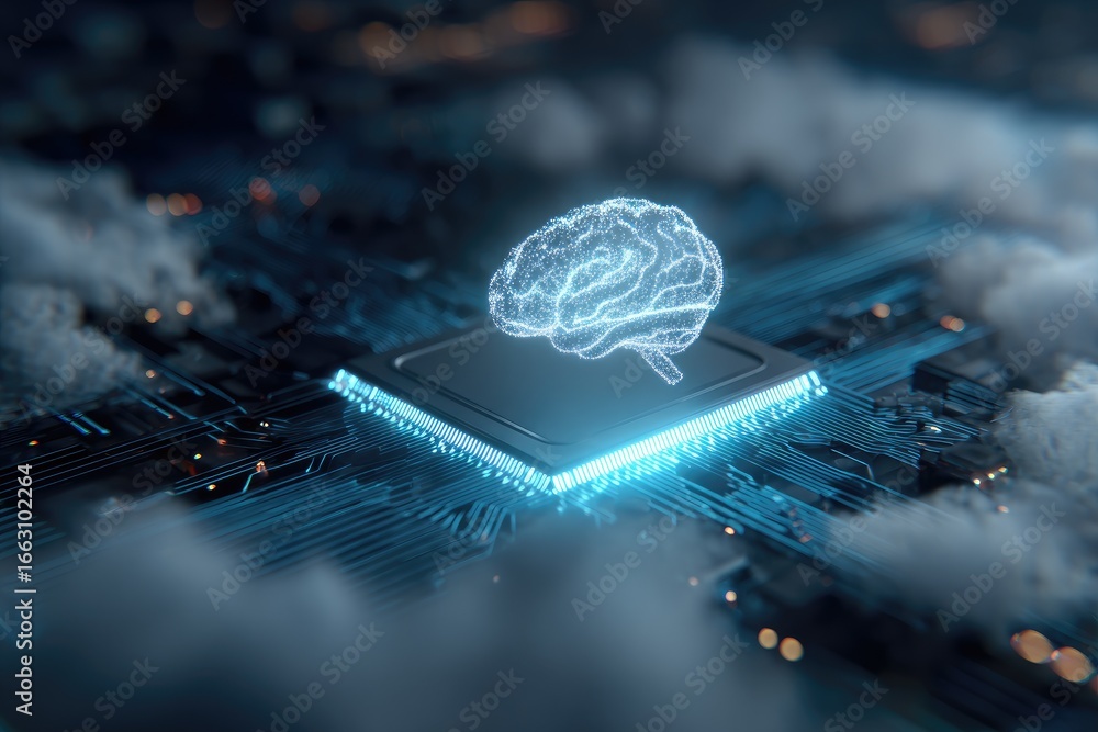 Poster ai brain on a microchip, signifying artificial intelligence and technological advancement
