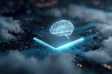 AI brain on a microchip, signifying artificial intelligence and technological advancement