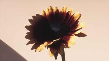 Sunlit sunflower with dark center on pastel background