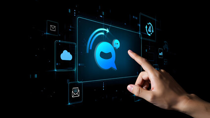 Digital Interaction: A hand interacts with a holographic interface, showcasing a futuristic concept of communication, information exchange, and digital connection against a modern, black background.